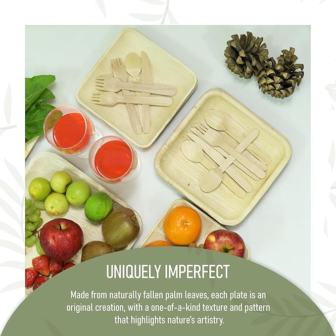 Palm Leaf Plates 48 Sets of 10 Inch & 7 Inch with 48 Each Pcs of Knife, Spoon & Fork, Bamboo Plates Disposable for Appetizers, Biodegradable Wooden Plate for Parties, Catering,BBQ & Large Events