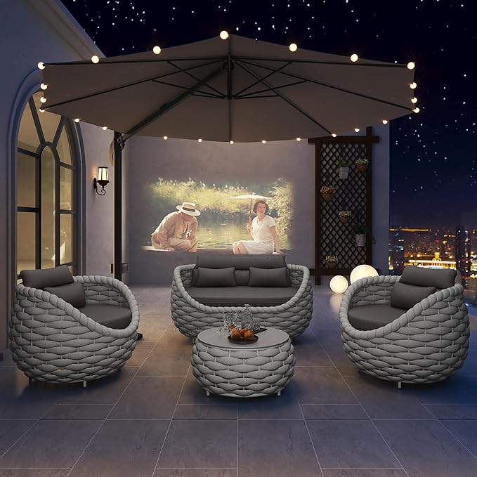 TWT 4 Pieces Aluminum Patio Furniture Set, Modern Outdoor Patio Furniture with Coffee Table, No Assembly Required Outdoor Conversation Set with Dark Grey Cushions for Balcony, Porch, Lawn