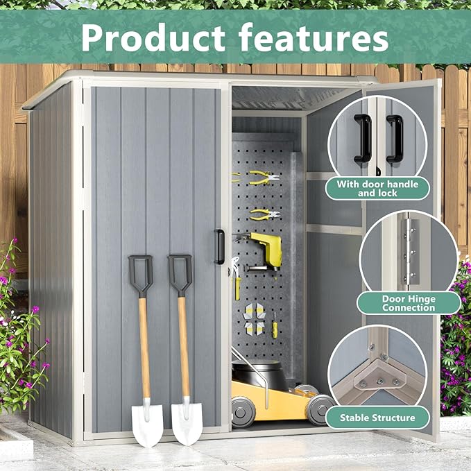 Aoxun Outdoor Storage Shed 5 x 3FT, Resin Shed with Floor and Lockable Door, Plastic Sheds for Garbage Can, Tool, Accessories, Lawn, Garden - Grey