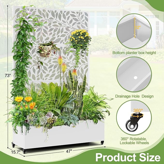 Raised Garden Bed with Trellis and Wheels,73"x47"x16" Metal Raised Garden Bed,White Flowing Leaf-2 Metal Planter with Climbing Trellis for Vines & Vegetables