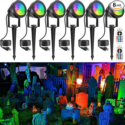 Halloween RGB Spot Lights Outdoor, Color Changing Landscape Lighting, Waterproof Spotlight with US Plug for Yard Tree Garden Path House Christmas Decoration (6 Pack)