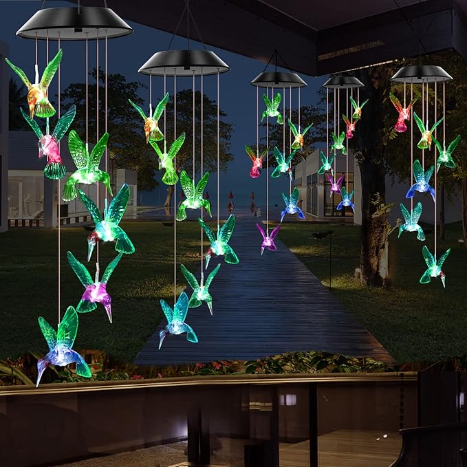 Solar Wind Chimes Outdoor Color Changing Lights, Gift for Women Mom Grandma Sister Best Gifts, Wind Chimes Unique Outdoor Garden Yard Decor (Green Hummingbird)
