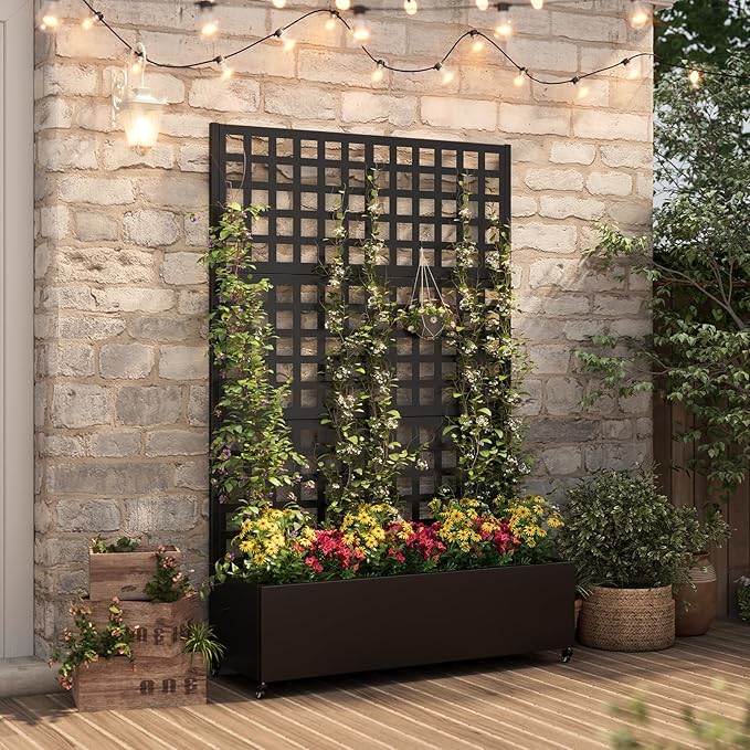Metal Raised Garden Bed with Trellis & Wheels,70" x 47"x 15.7" Planter Box with Trellis,Privacy Planters for Patio,Garden Bed for Climbing Plants,Suitable for Climbing Plants and Vegetables,Black