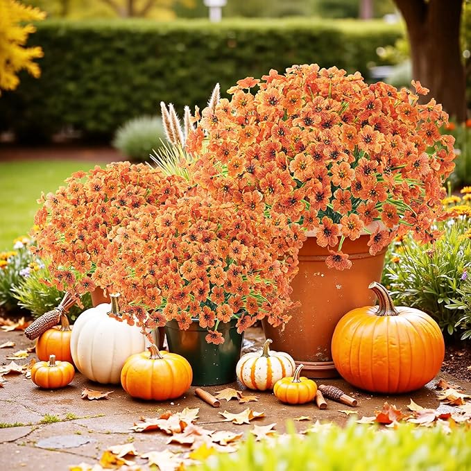 Uieke 72 Bundles Artificial Fall Flowers for Outdoors UV Resistant No Fade Faux Autumn Plants for Outside Home Garden Wedding Party Fall Décor (Orange)