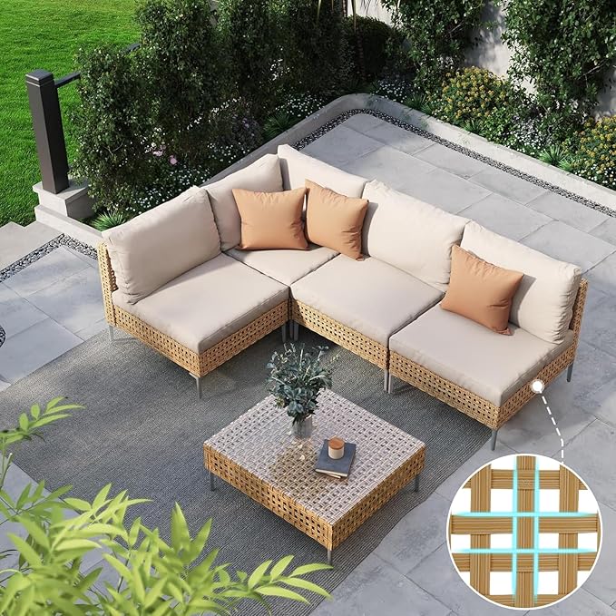 Grand patio 5-Piece Wicker Patio Furniture Set, Boho Outdoor Sectional Sofa with Water Resistant Thick Cushions Coffee Table, Cream