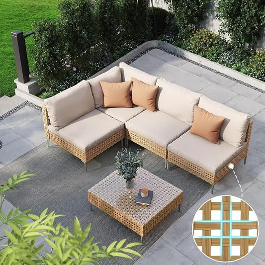 Grand patio 5-Piece Wicker Patio Furniture Set, Boho Outdoor Sectional Sofa with Water Resistant Thick Cushions Coffee Table, Cream