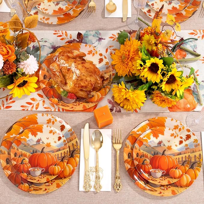 60PCS Thanksgiving Plastic Plates - Heavy Duty Fall Plastic Plates - Pumpkin Disposable Plates Include 30 Dinner & 30 Dessert Plate for Friendsgiving Party Holiday