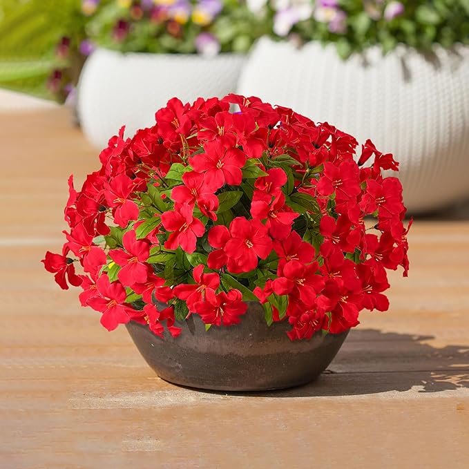 Fake Plants Artificial Flower Outdoor Plastic Flowers for Outdoors 15.7" Artificial Azalea Flowers Fake Flowers Artificial Plants Outdoor Flower Artificial for Decor Silk Flowers (Red) 4Pcs