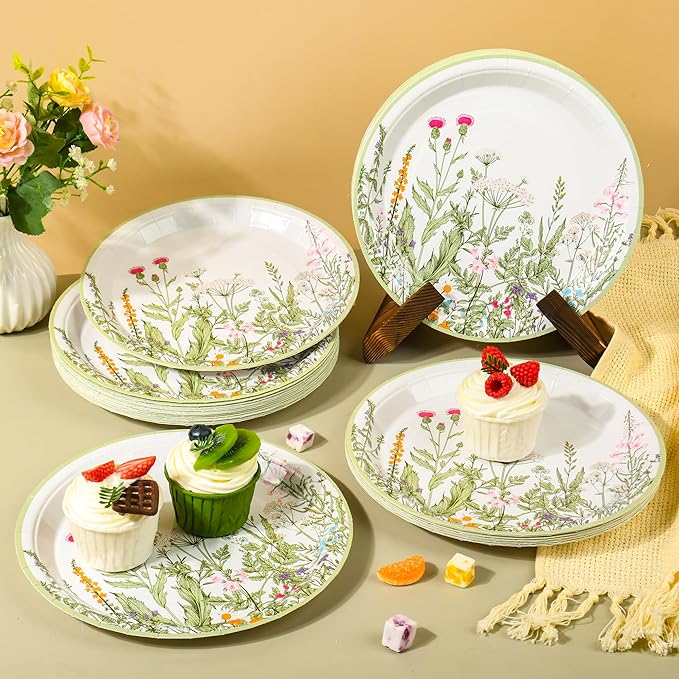 Wildflower Party Plates 9" Floral Paper Plates Botanical Green Leaves Herbs Disposable Party Supplies Spring Summer Vintage Garden Decorative Dinner Plates (48, Vintage Botanical)