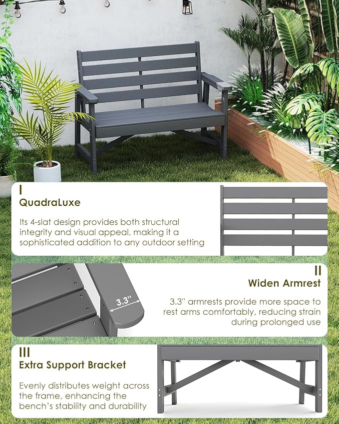 GREENVINES Outdoor Bench | HDPE | Garden Benches | All Weather | for Outdoors Patio Park Porch Outside Backyard | 2-Person | Grey