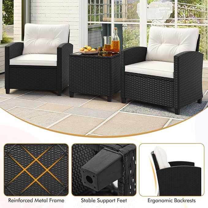 HAPPYGRILL 3 Pieces Wicker Patio Conversation Set, PE Rattan Bistro Sofa Set with Tempered Glass Coffee Table, Washable Cushions, Outdoor Furniture Set for Garden Poolside Balcony (Off White)