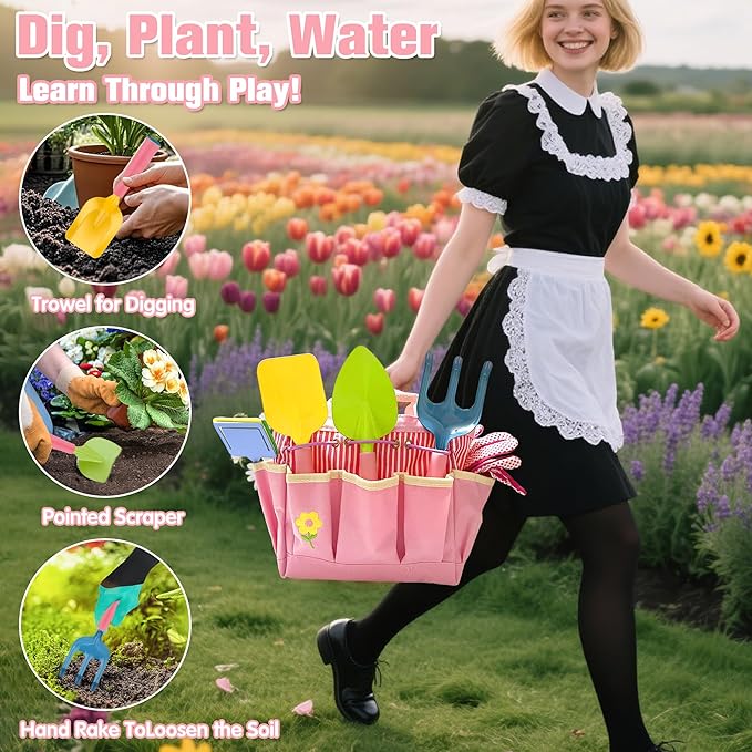 Kids Gardening Tools Set with Tote Bag – 13Pcs Garden Toy Kit for Toddlers, Includes Metal Shovel, Rake, Trowel, Watering Can, Gloves, Pots, Apron, DIY Bookmark & 3D Garden Stickers