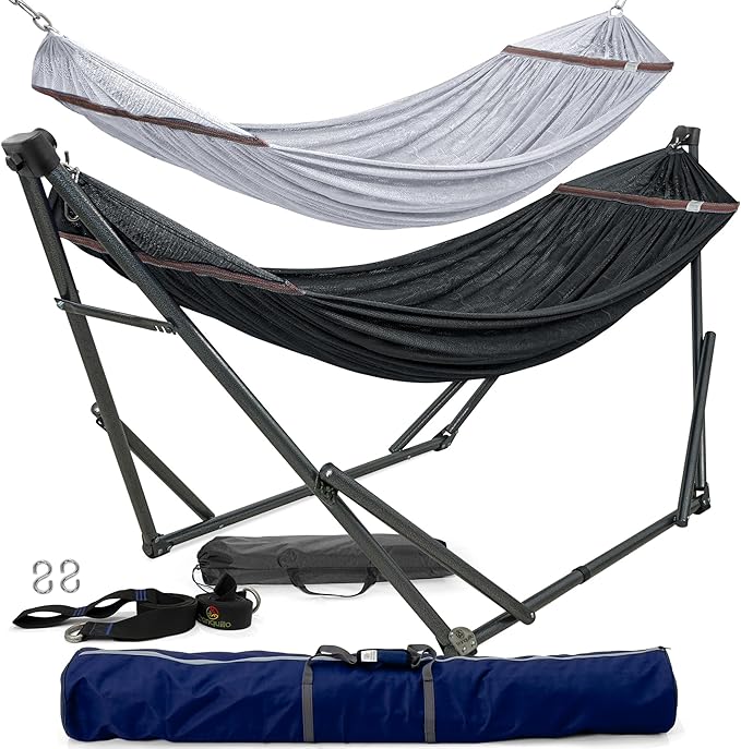 Tranquillo Universal Hammock with Stands Electro Static Coated Steel, Adjustable Foldable Hammock Stand with 2 Layered Polyester Net and Carry Bag for 2 Persons (Combo - Black)
