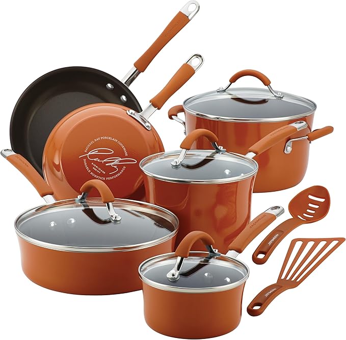 Rachael Ray Cucina Nonstick Cookware Pots and Pans Set, 12 Piece, Pumpkin Orange