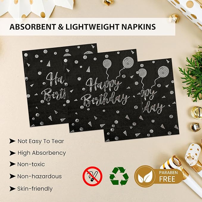 75PCS Happy Birthday Paper Plates - 7 Inch Black Sliver Dot Paper Plates and 6.5 Inch Napkins with 6.3 Inch Sliver Forks Disposable Tableware Set for Birthday Party Decorations, Serve 25