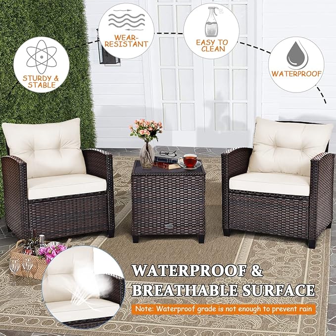 HAPPYGRILL 3 Pieces Patio Conversation Set, Outdoor Furniture Set PE Rattan Sofa Set with Removable Cushions, PE Wicker Chairs with Tempered Glass Side Table for Porch Lawn Garden Balcony Backyard
