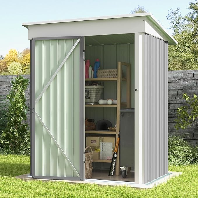 Patiolife 5x3 FT Outdoor Storage Shed, Metal Shed with Lockable Door & Sloping Roof, Steel Tool Shed for Backyard Patio Lawn, Grey