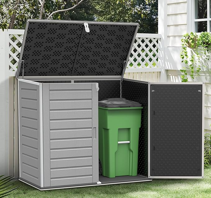 Uhomepro 4.6 Ft. X 4.1 Ft Outdoor Horizontal Storage Shed, Resin Storage Shed with Double Lockable Doors, Ideal for Garbage Can Storage and Garden Tools, Strong Water Resistance, Gray