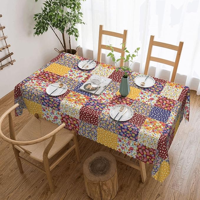 Boho Floral Patchwork Table Cloth for Dining Tables, Reusable Country Garden Fall Flowers Plaid Patchwork Tablecloths Decoration Rectangle Table Cover for Kitchen,Holiday,Party, 54x72 Inch