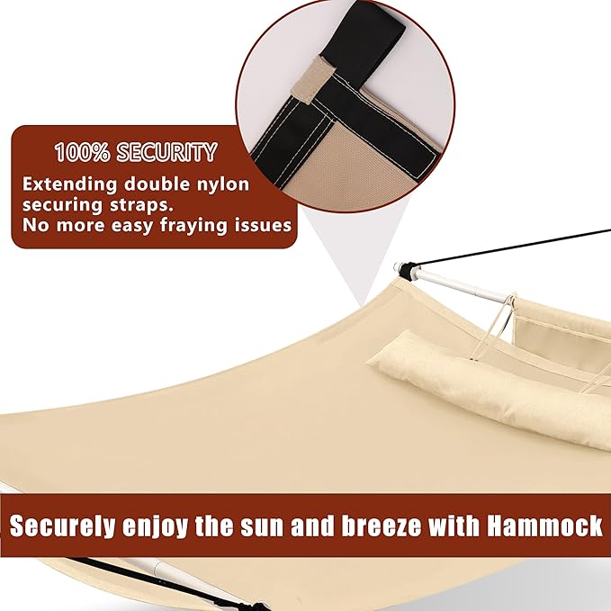 TegerDeger Anti-flip 12FT Hammock Large Hammock 450LB Capacity with Iron Spreader Bar & Nylon Rope for Outside, Patio, Garden, Backyard, Beach - Beige