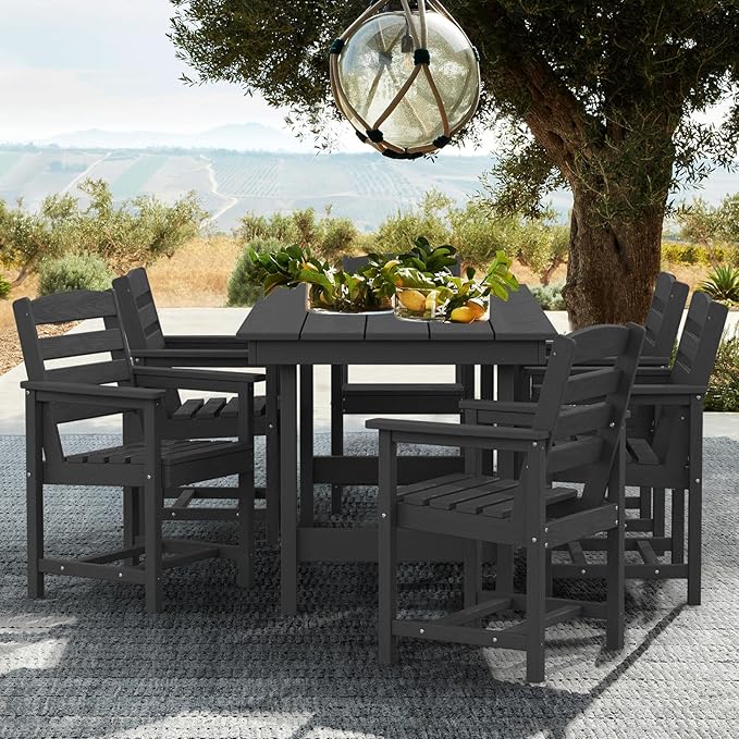 SERWALL Patio Dining Table Sets 5-Piece, Outdoor HDPE Dining Furniture Set with Umbrella Hole Cut-Out Table and 4 Chairs, All Weather Dining Set for Lawn, Garden, Backyard, Poolside, Black