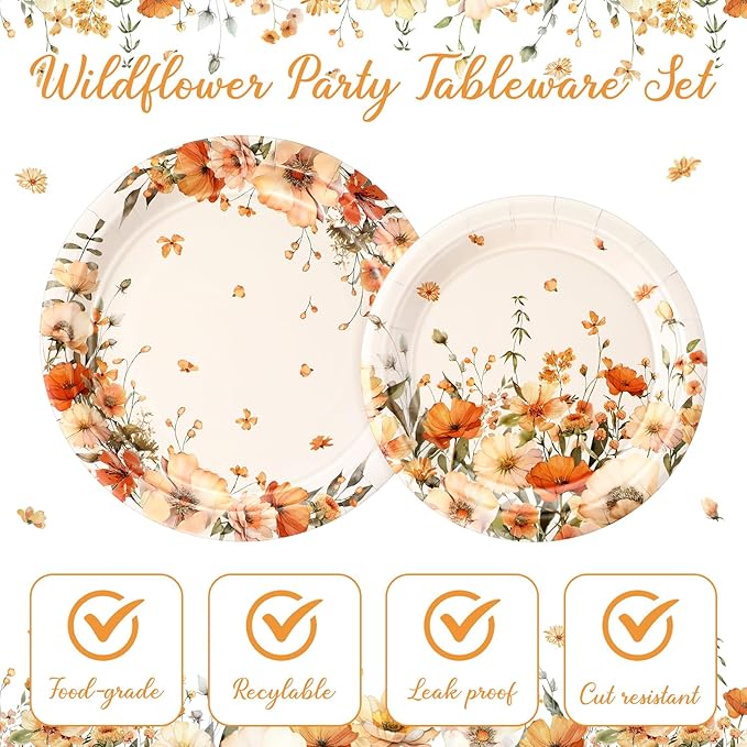 Mumufy 100 Pack Fall Floral Paper Plates 9" & 7" Disposable Autumn Wildflower Cake Dessert Plates Watercolor for Dinner Wedding Baby Shower Birthday Fall Tea Party Decoration Supplies