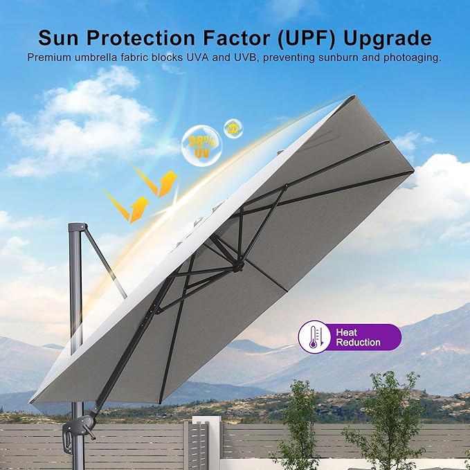 PURPLE LEAF 10' X 13' Rectangle Cantilever Umbrella with Base Outdoor Large Aluminum Patio Umbrella with 3-Year Fade Resistance Recycled Fabric and 360-degree Rotation for Deck Pool, Pebble Grey