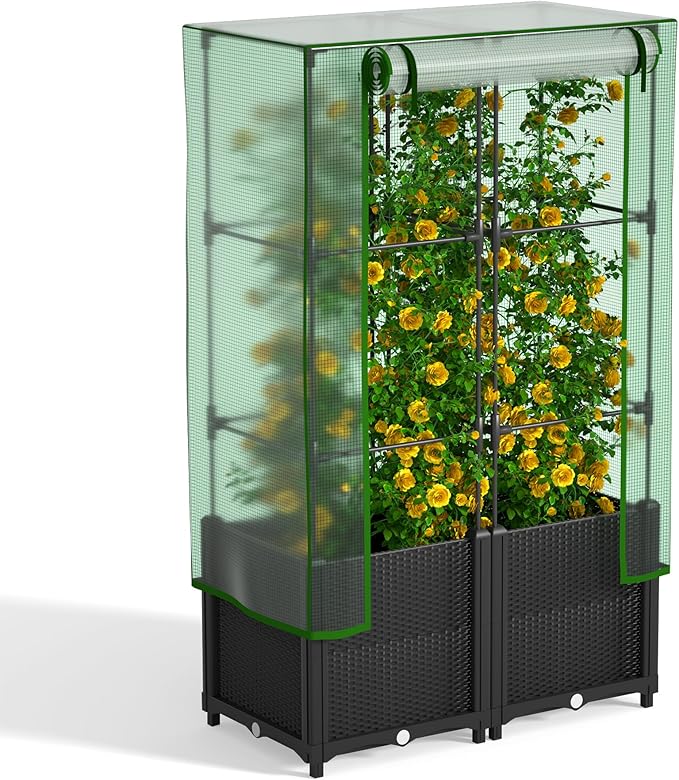 Onelike 32'' x 16'' x 55.5'' Plastic Raised Garden Bed with Greenhouse Cover and Trellis, Vertical Tomato Planters for Climbing Plants, Self Watering System Tomatoes Cage for Patio, Medium