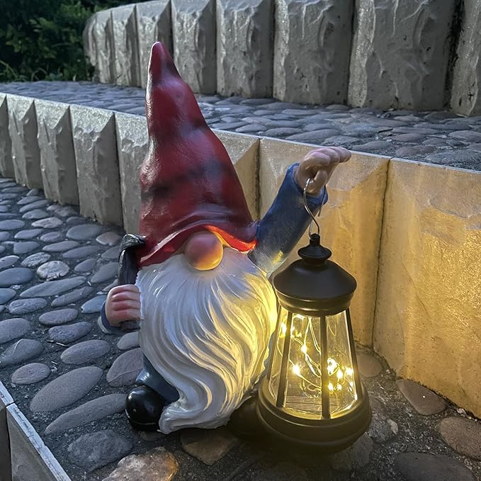 Garden Gnome Outdoor Decoration with Hammer Solar Gnomes Figurines with Lantern LED Lights Yard Lawn Patio Porch Decoration Gift for Woman Mother's Day Birthday Housewarming Gifts