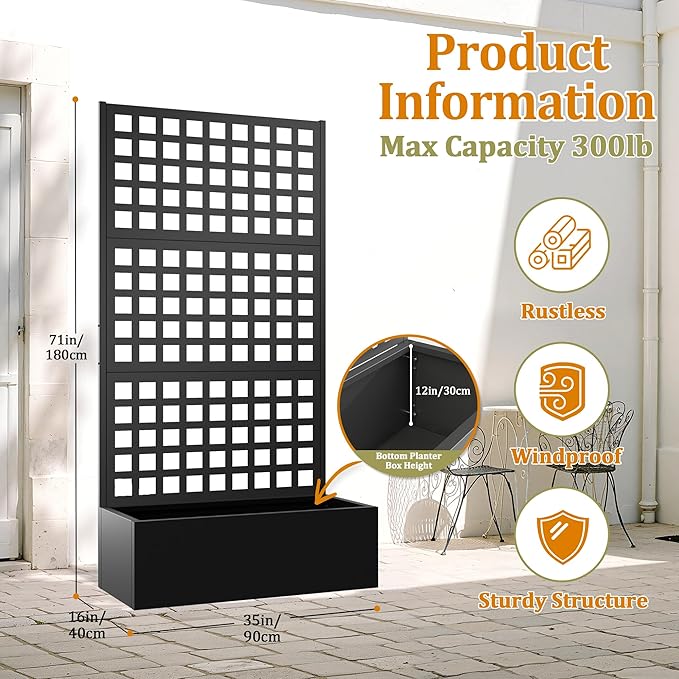 Metal Planter Box with Trellis, Heavy-Duty Raised Garden Bed for Climbing Plants, Drainage Hole, Outdoor Planter Box with Privacy Screen，35''L×16''W×71''H