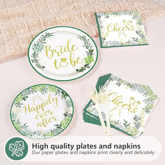 96Pcs Bridal Shower Party Supplies Sage Green Bride to Be Plates and Napkins Eucalyptus Leaves Tableware Sets Wedding Party Decorations for Engagement Bachelorette Miss to Mrs Party,Serves 24