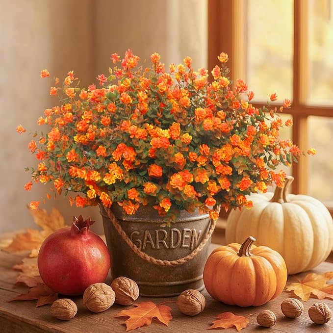 Artificial Mums for Outdoors, 12 Bundles Faux Mums for Outdoor Fall Planters,Uv Resistant Eucalyptus Artificial Fake Flowers Plants, Realistic Fall Decor for Porch, Patio, Yard (Fall Orange)