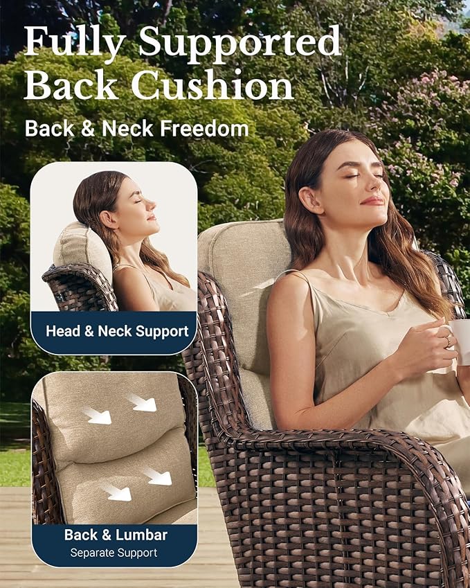 HILLGA Luxury Patio Furniture Set with 6-inch Thick Cushion, Outdoor High Back Swivel Rocker Patio Chairs, 3PCS Wicker Conversation Set for Deck Yard and Poolside, Beige (V2)