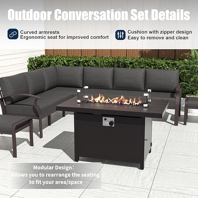 Kurapika Patio Furniture Set 10-Piece Aluminum Sectional Sofa with Armrest, Modern Outdoor Conversation Set w/55000 BTU Propane Fire Pit Table, Metal Corner Sofa with Ottoman, Black