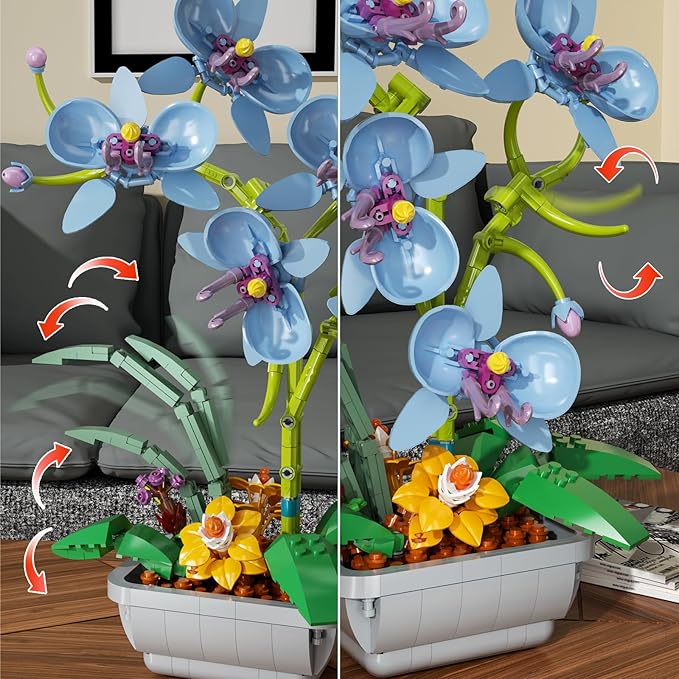 Blue Orchid Flowers Bouquet Building Set, Botanical Collection Artificial Plant for Home Décor, Ideal Gifts for Mother's Day, Anniversary, Birthday