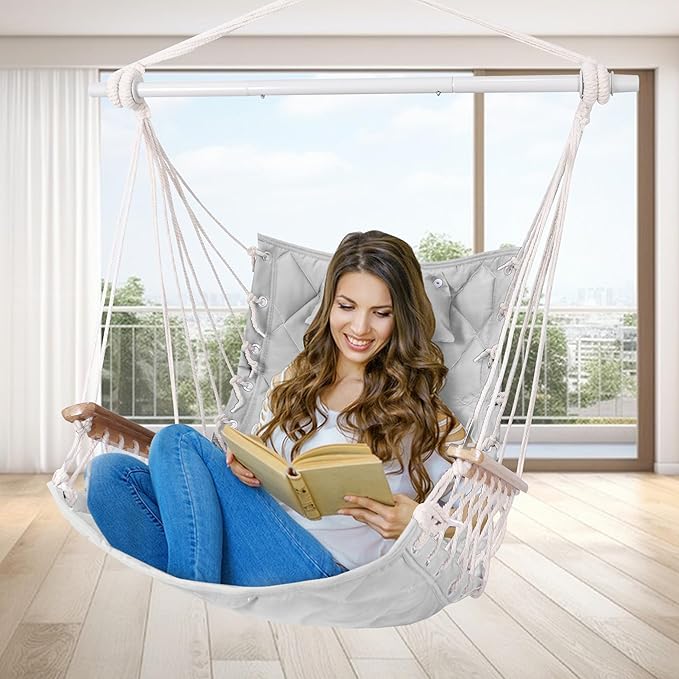 Hammock Chair Hanging Swing with Wooden Armrests;Steel Spreader Bar,Pillows,Hardware kit Included;Cotton Woven Fabric;Up to 350 Lbs,for Indoor Light Grey