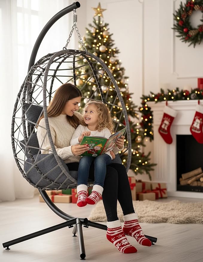 SWITTE Egg Swing Chair with Stand, Outdoor Patio Hanging Egg Chair, Indoor Hammock Chair with Cushion for Garden Backyard, 400LBS Capacity-Dark Grey