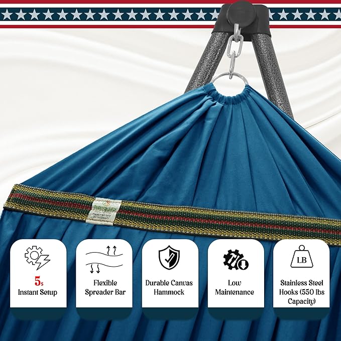 Tranquillo Uniki Hammock Stand 550 lbs Capacity, Portable, Collapsible Outdoor Hammock with Stand, Signature Steel Stand Breathable Canvas Hammock Net, Blue