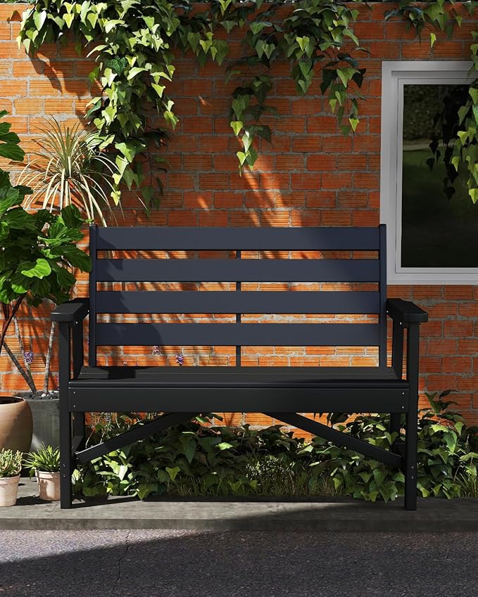 GREENVINES Outdoor Bench | 51.5’’ | HDPE | Garden Benches | Weatherproof | for Outdoors Patio Park Porch Outside Backyard | 2-Person | Black