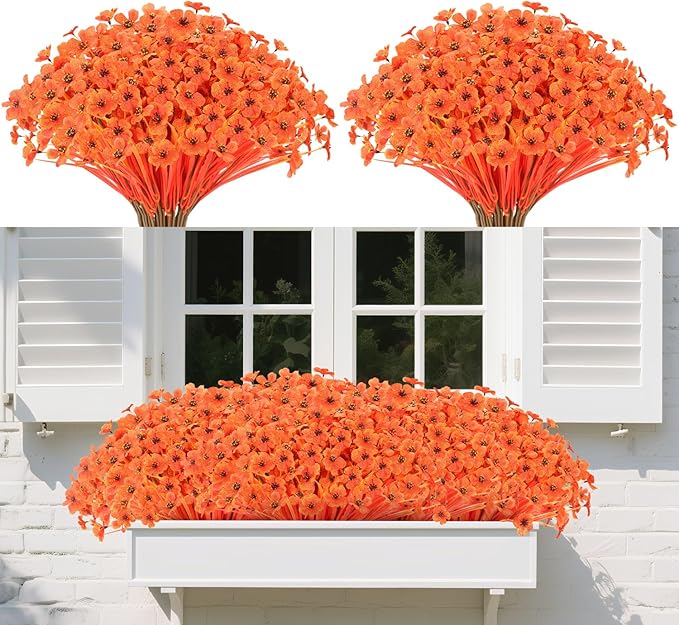 22Bunches of Outdoor Artificial Flowers, UV Resistant Fake Flowers Artificial Silk Flowers with Plastic Plants for Indoor Outdoor Front Porch Hanging Planter Decoration (22, Autumn Orange)