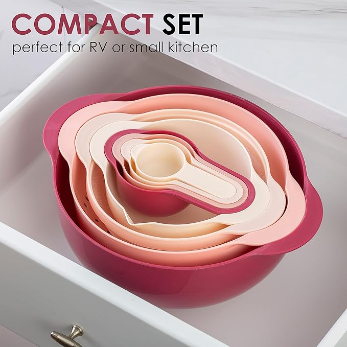 COOK WITH COLOR Nesting Bowls with Measuring Cups Colander and Sifter Set - Includes Mixing Bowls, Colander, Sifter and Measuring Cups, Rose, 8 Pc Bowl