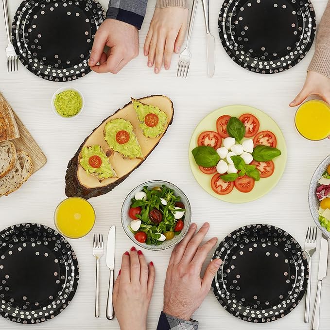 75PCS Paper Plates and Napkins Set - Black and Sliver Dot Disposable Party Dinnerware Includes Paper Plates, Napkins, Forks Decorations for Graduations, Birthdays and Weddings, Serves 25