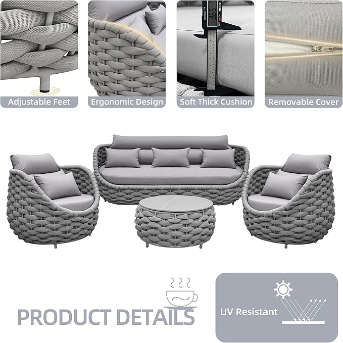 Outdoor Patio Furniture Set-5 Pieces Aluminum Sectional Sofa, Metal Patio Conversation Set with Threeseat & Armchair, Textile Rope and Coffee Table, Light Grey