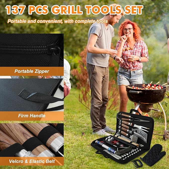 137PCS Griddle Accessories Kit for Blackstone– Stainless Steel Grill Tools for Outdoor Grill with Carrying Bag, Meat Thermometer, Grill Mats for Camping, Backyard & Gifts, BBQ Utensils for Men Women
