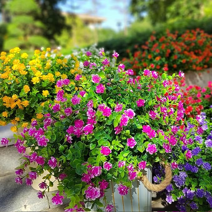 12 Bundles Artificial Flowers for Outdoors, UV Resistant Fake Flowers with Plastic Plants, Faux Flowers for Outside Window Box Front Porch Hanging Planter Decor (Magenta)