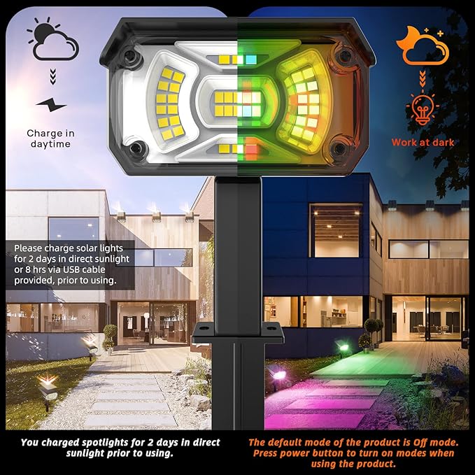 Color Solar Light Outdoor Waterproof Spotlights with 9 Light Modes, Color Changing Solar Outdoor Light for Decorate Festivals, Colored Spot Lights Auto On/Off, RGBW Landscape Lights