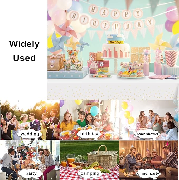 3 Pack White and Gold Dot Tablecloth, White Plastic Table Cloths for Parties Disposable, 54x108in Waterproof Rectangular Camping Tablecloth for Birthday Party Picnic Baby Shower