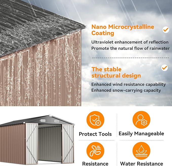 8x12FT Outdoor Storage Shed, Metal Garden Shed with Lockable Double Doors & Sloping Roof, Weather-Resistant Tool Shed for Backyard, Patio, Poolside Brown