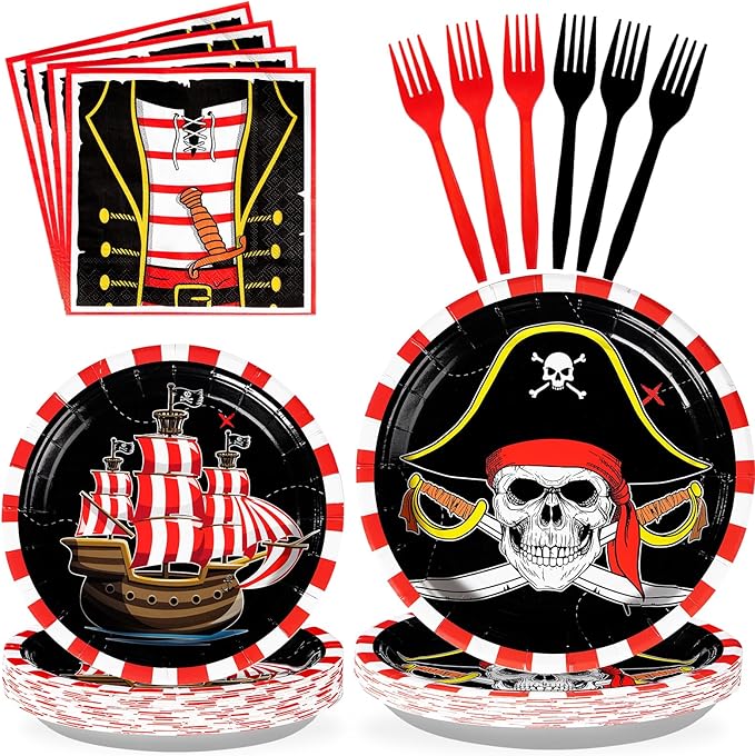 96Pcs Pirate Birthday Party Decorations Pirates Treasure Plates and Napkins Tableware Set Red Gingham Pirate Decorations for Kids Adult Baby Shower Halloween Skull Birthday Party Supplies Serves 24 ﻿