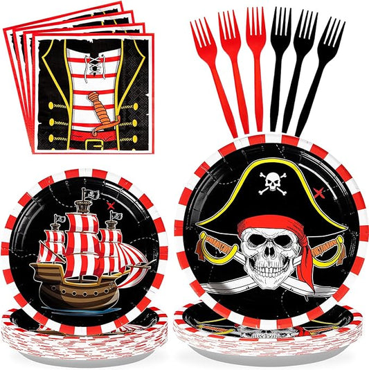 96Pcs Pirate Birthday Party Decorations Pirates Treasure Plates and Napkins Tableware Set Red Gingham Pirate Decorations for Kids Adult Baby Shower Halloween Skull Birthday Party Supplies Serves 24 ﻿